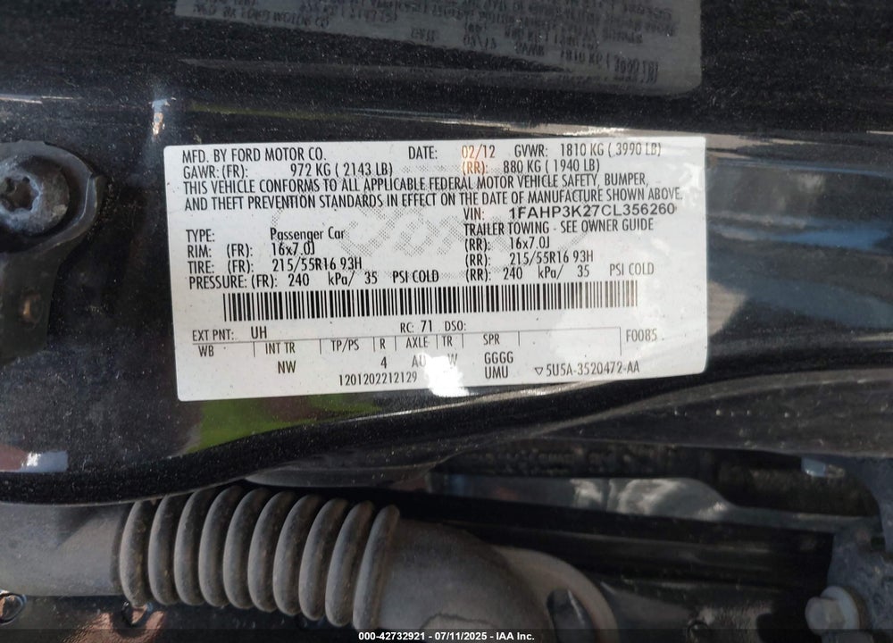 2012 FORD FOCUS VIN: 1FAHP3K27CL356260