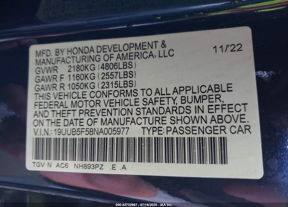 2022 ACURA TLX VIN: 19UUB5F58NA005977