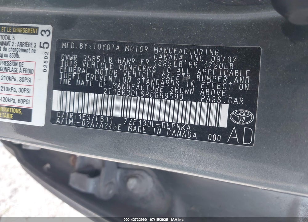 2008 TOYOTA COROLLA VIN: 2T1BR30E68C899590