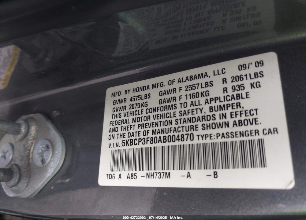 2010 HONDA ACCORD VIN: 5KBCP3F80AB004870