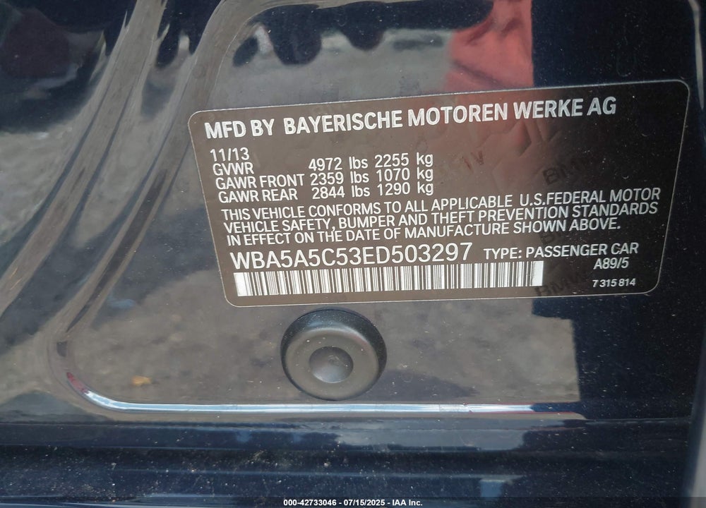 2014 BMW 5 SERIES VIN: WBA5A5C53ED503297
