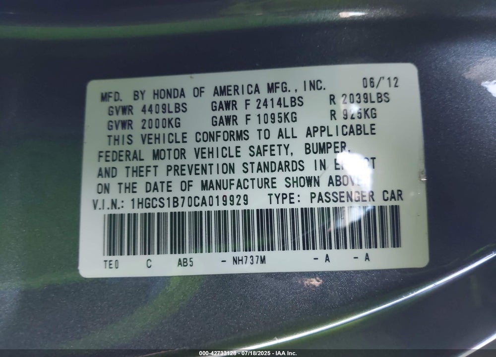 2012 HONDA ACCORD VIN: 1HGCS1B70CA019929