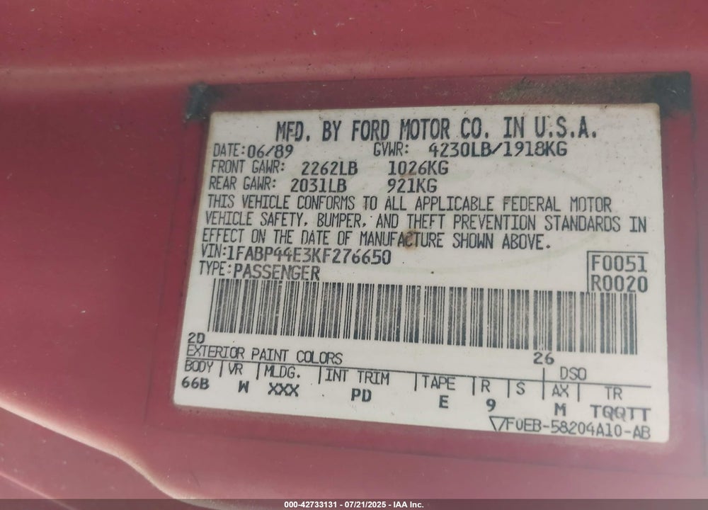 1989 FORD MUSTANG LX VIN: 1FABP44E3KF276650