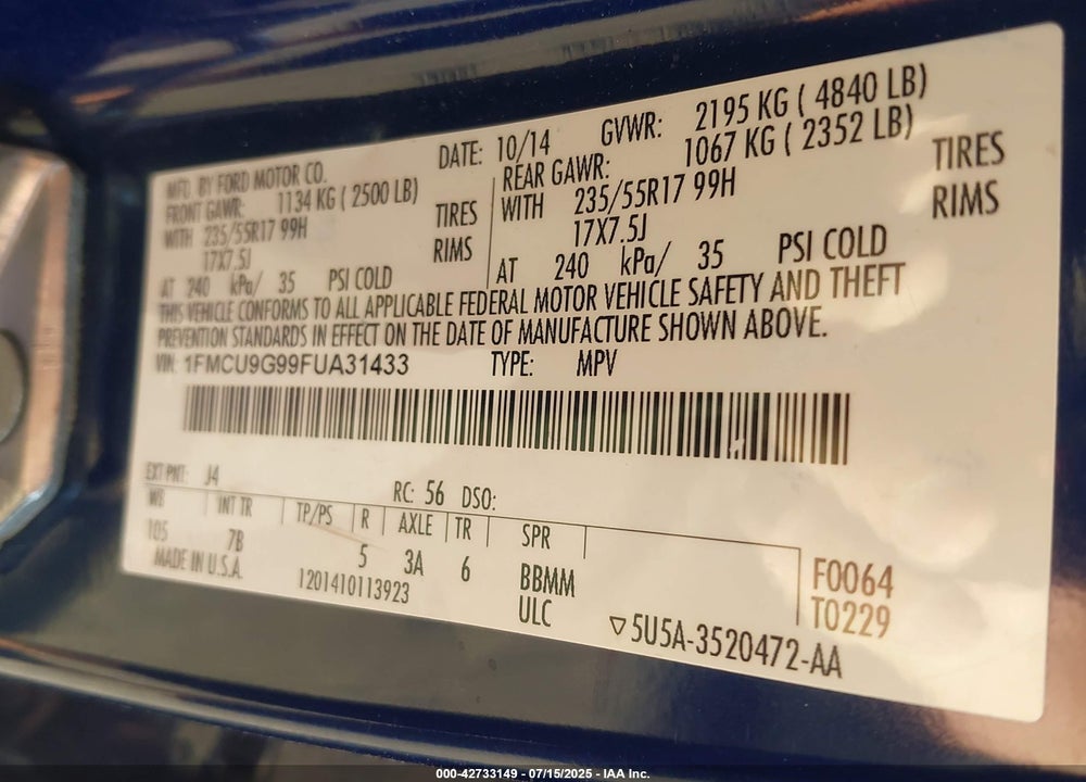 2015 FORD ESCAPE VIN: 1FMCU9G99FUA31433
