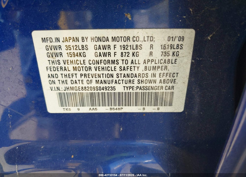2009 HONDA FIT VIN: JHMGE88209S049235