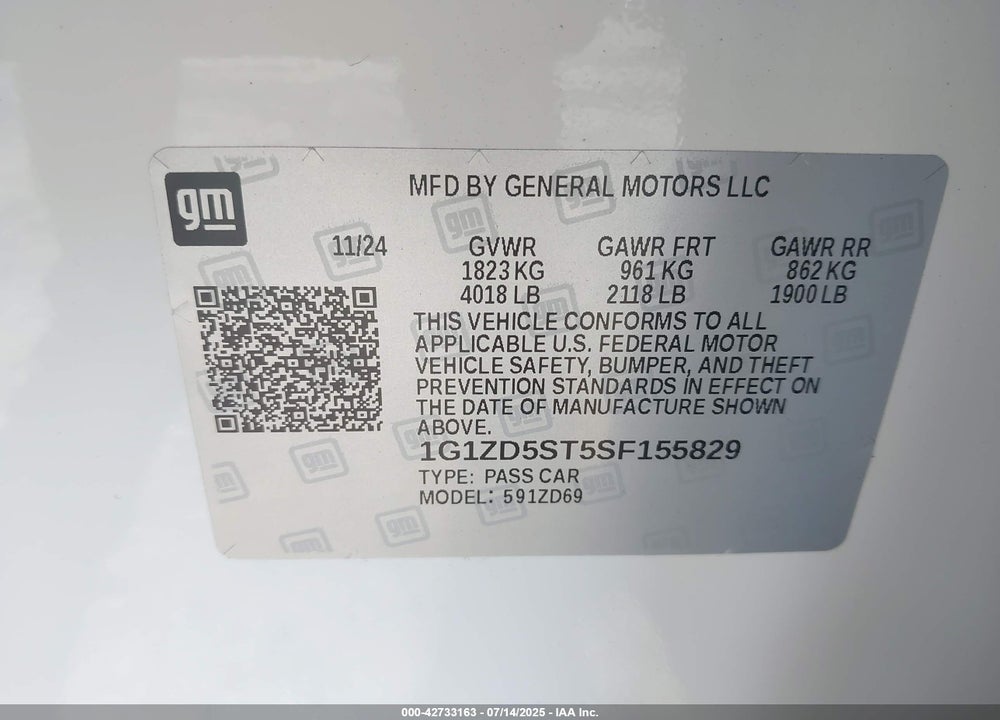 2025 CHEVROLET MALIBU FWD 1LT VIN: 1G1ZD5ST5SF155829