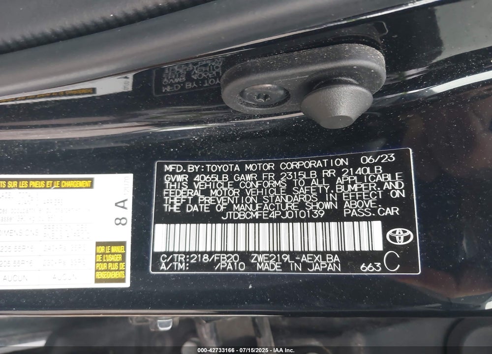 2023 TOYOTA COROLLA VIN: JTDBCMFE4PJ010139