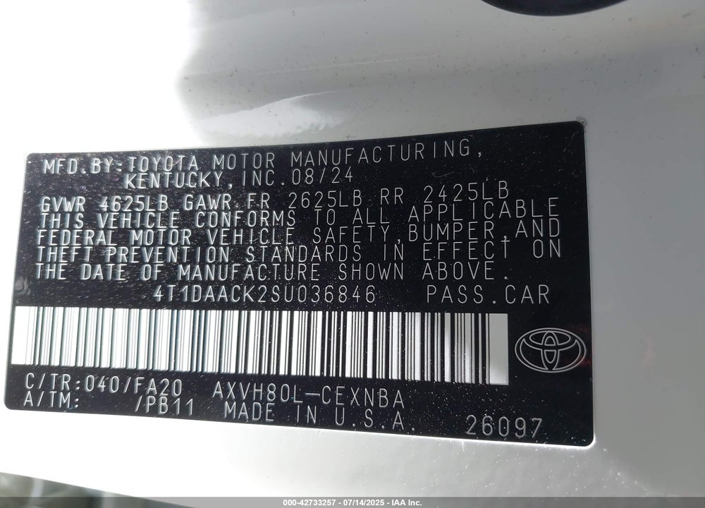 2025 TOYOTA CAMRY LE VIN: 4T1DAACK2SU036846