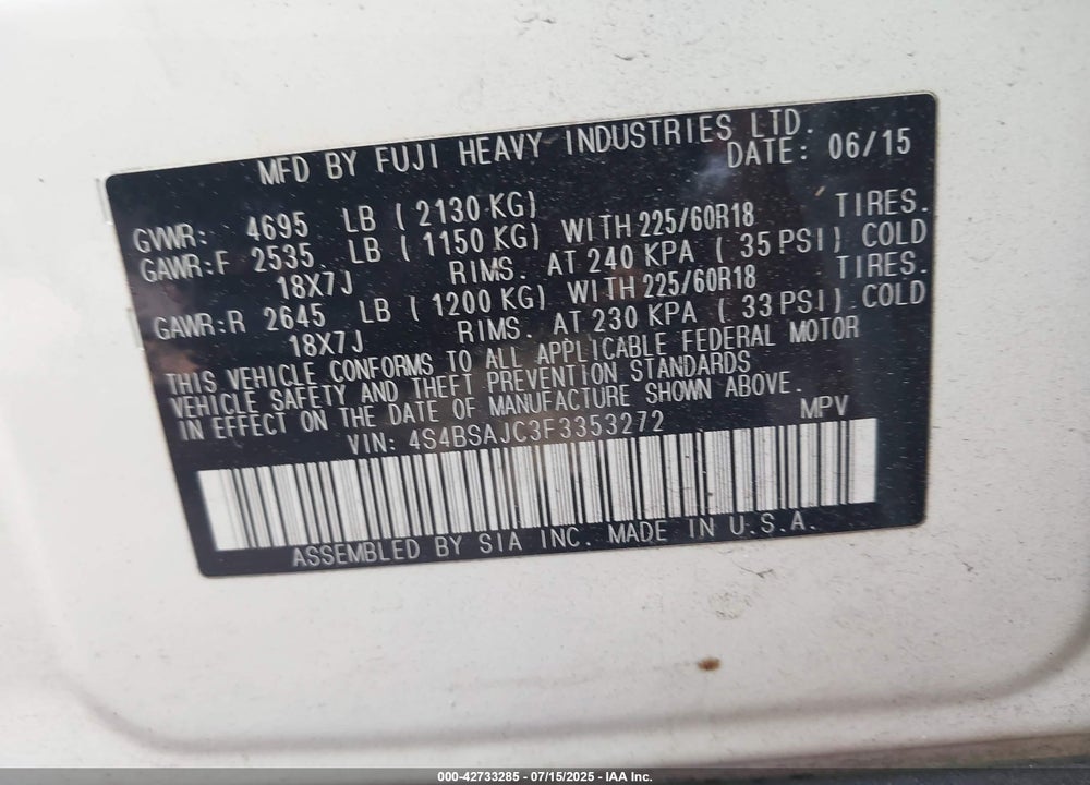 2015 SUBARU OUTBACK 2.5I LIMITED VIN: 4S4BSAJC3F3353272
