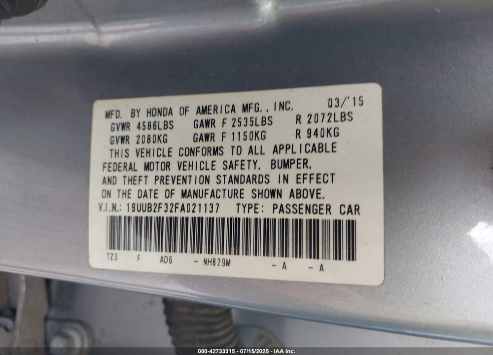 2015 ACURA TLX VIN: 19UUB2F32FA021137