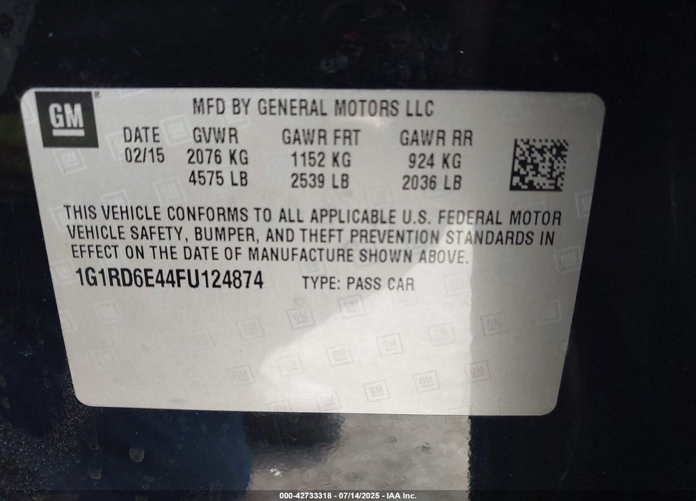 2015 CHEVROLET VOLT VIN: 1G1RD6E44FU124874