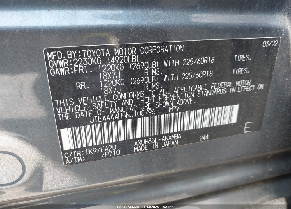 2022 TOYOTA VENZA VIN: JTEAAAAH5NJ100796