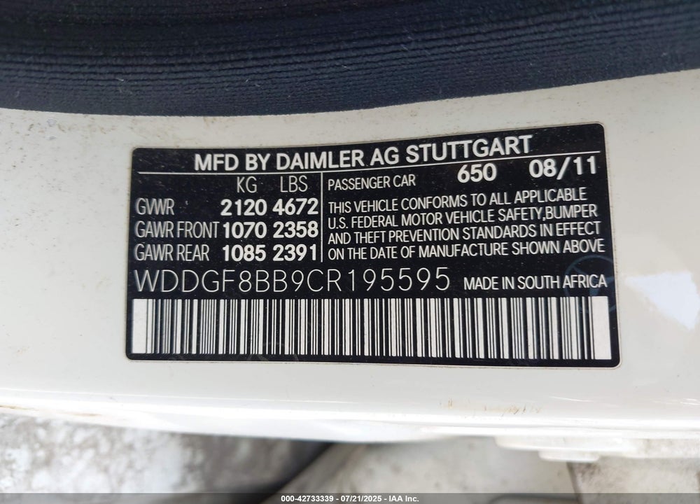 2012 MERCEDES-BENZ C CLASS VIN: WDDGF8BB9CR195595