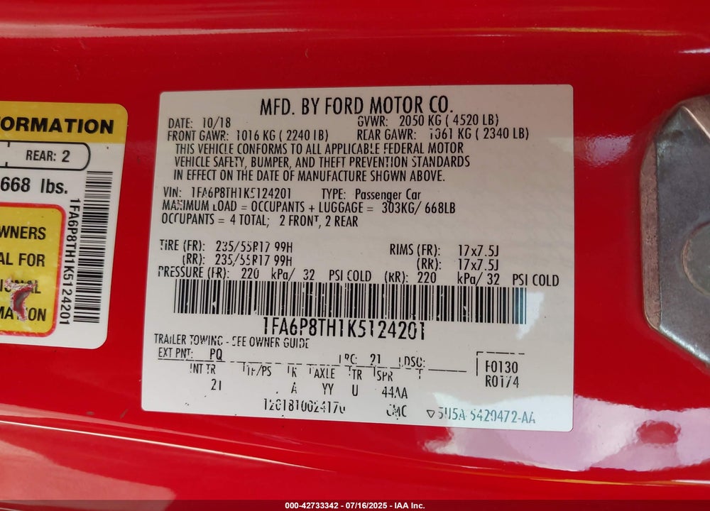 2019 FORD MUSTANG VIN: 1FA6P8TH1K5124201