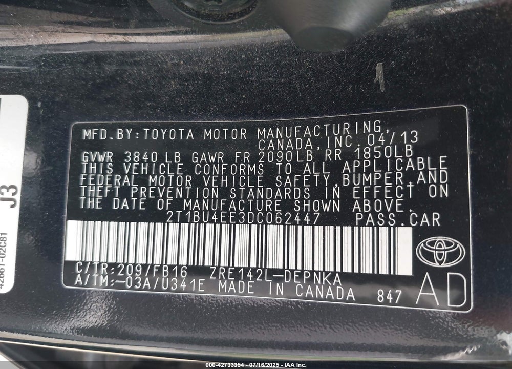 2013 TOYOTA COROLLA VIN: 2T1BU4EE3DC062447