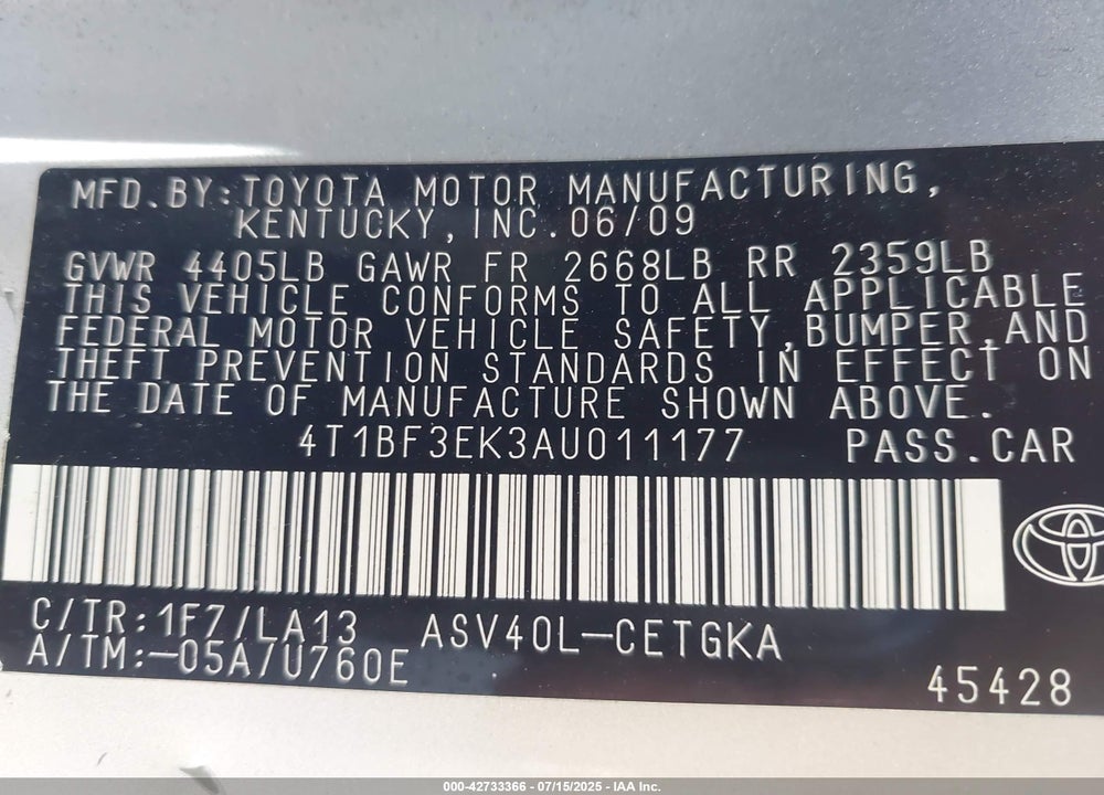 2010 TOYOTA CAMRY VIN: 4T1BF3EK3AU011177