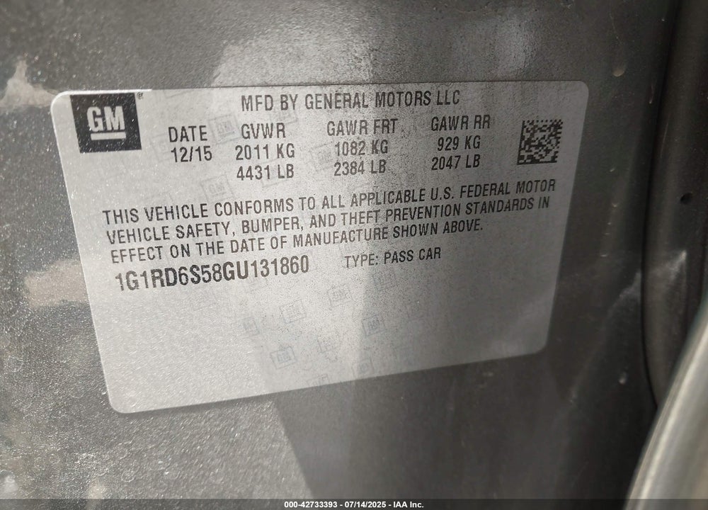 2016 CHEVROLET VOLT VIN: 1G1RD6S58GU131860