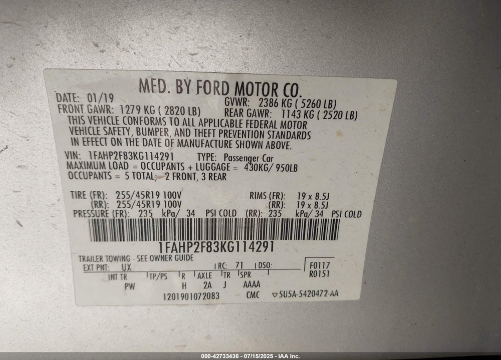 2019 FORD TAURUS LIMITED VIN: 1FAHP2F83KG114291