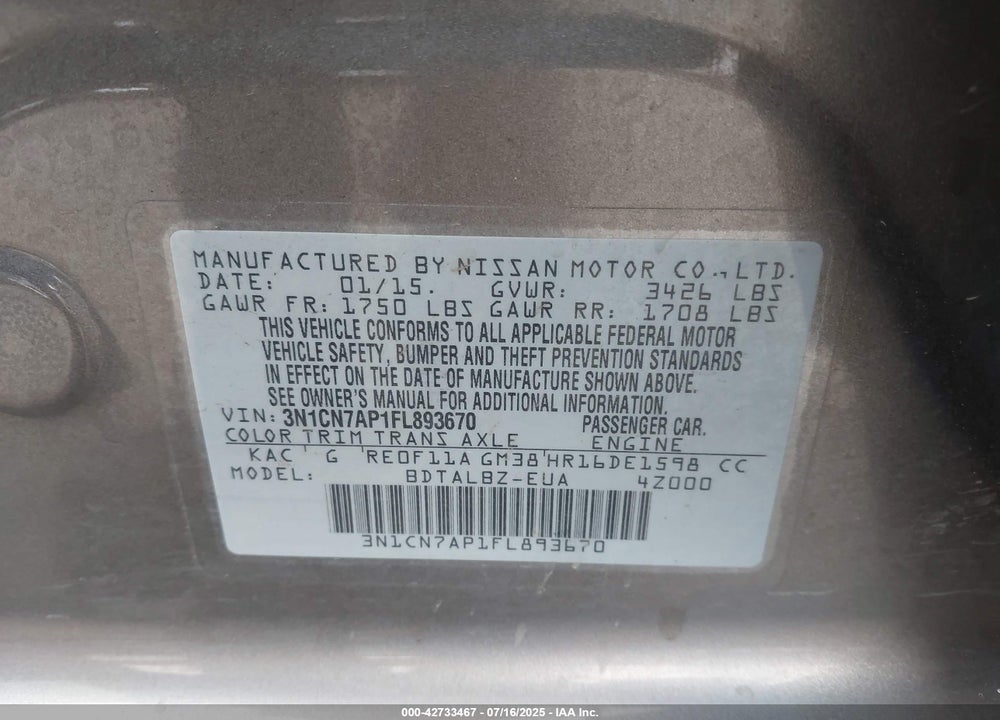 2015 NISSAN VERSA 1.6 SV VIN: 3N1CN7AP1FL893670