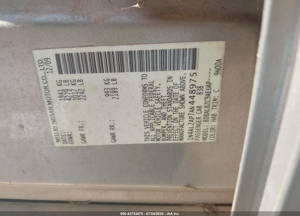 2010 NISSAN ALTIMA VIN: 1N4AL2AP7AN448975