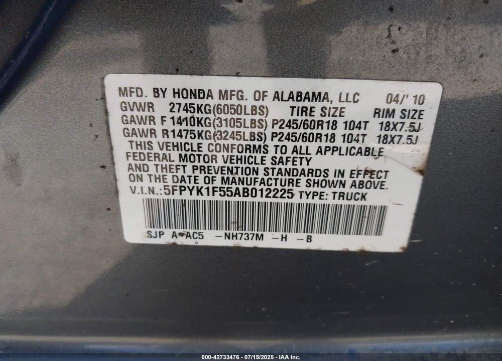 2010 HONDA RIDGELINE VIN: 5FPYK1F55AB012225