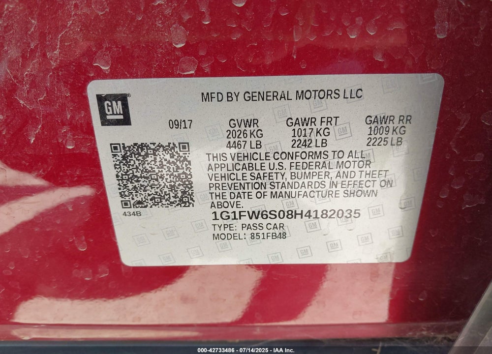 2017 CHEVROLET BOLT EV LT VIN: 1G1FW6S08H4182035