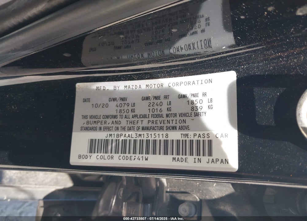 2021 MAZDA MAZDA3 VIN: JM1BPAAL3M1315118