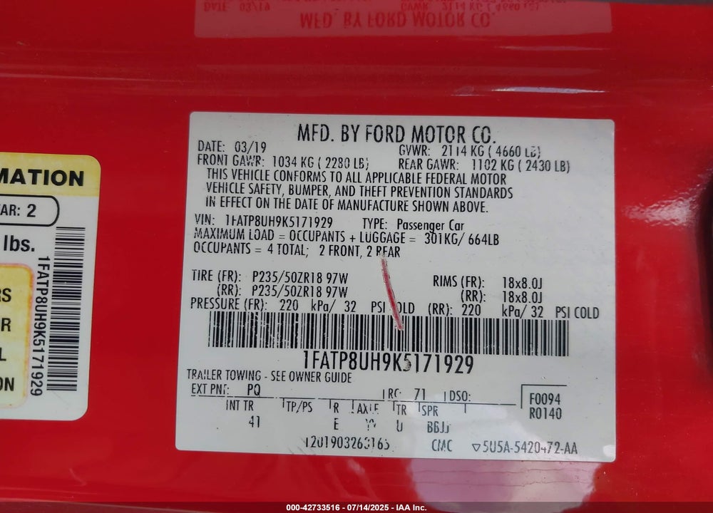 2019 FORD MUSTANG VIN: 1FATP8UH9K5171929