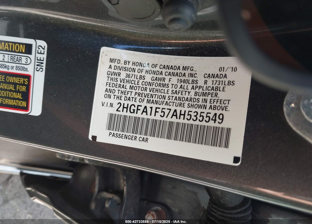 2010 HONDA CIVIC LX VIN: 2HGFA1F57AH535549