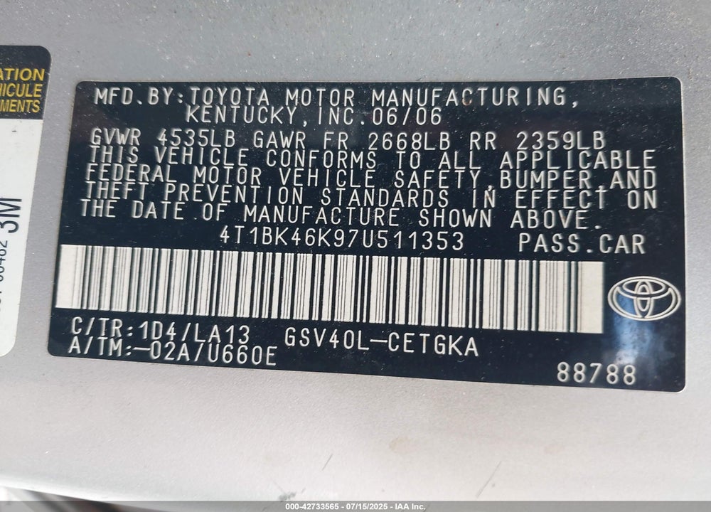 2007 TOYOTA CAMRY VIN: 4T1BK46K97U511353