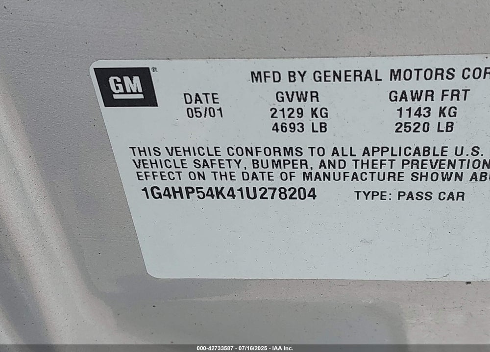 2001 BUICK LESABRE CUSTOM VIN: 1G4HP54K41U278204