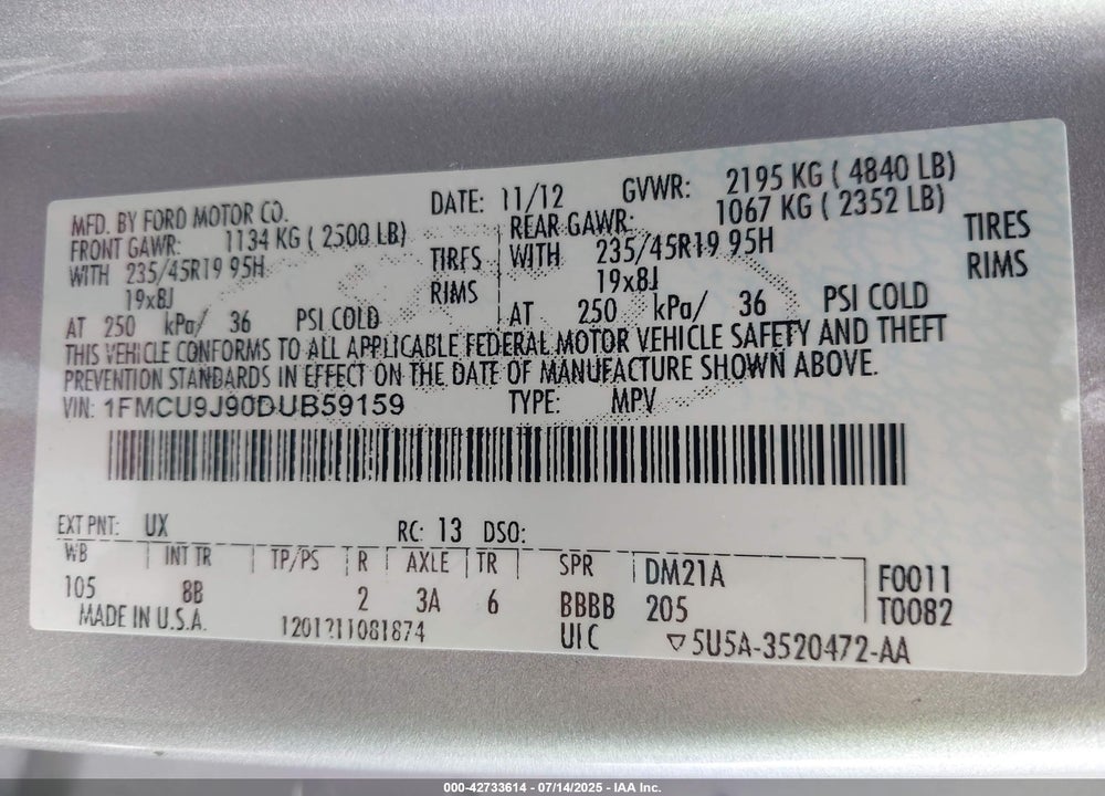 2013 FORD ESCAPE VIN: 1FMCU9J90DUB59159