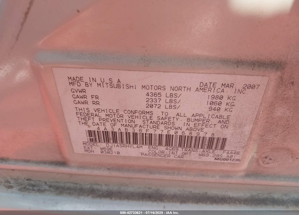2007 MITSUBISHI GALANT VIN: 4A3AB36F77E068978