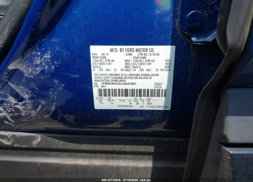 2020 FORD EXPLORER ST VIN: 1FM5K8GC0LGA21601