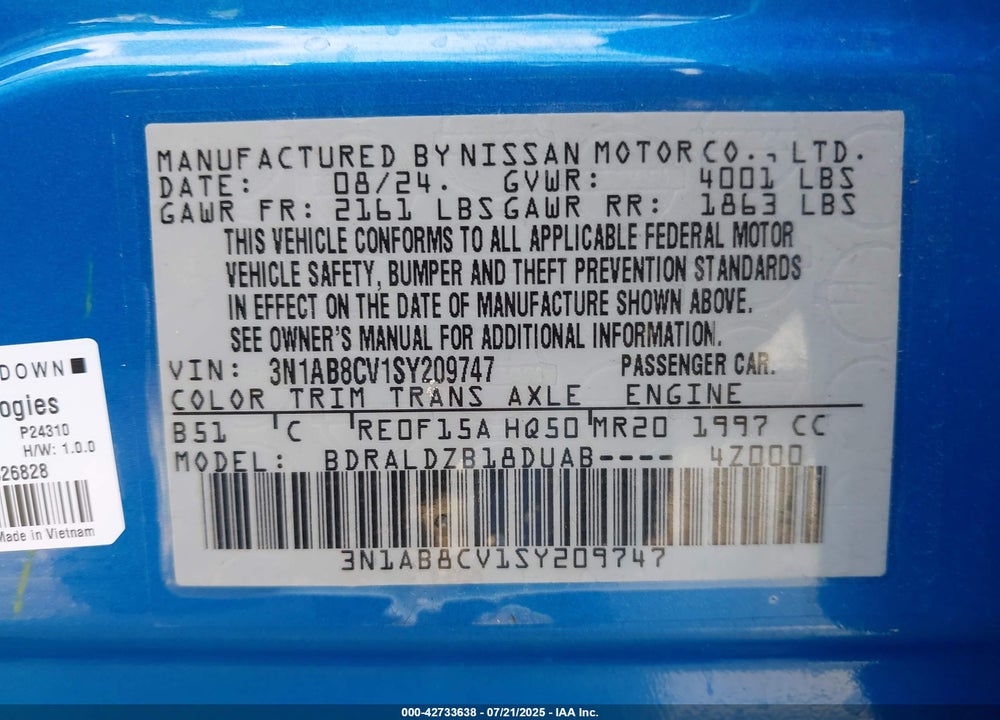2025 NISSAN SENTRA VIN: 3N1AB8CV1SY209747