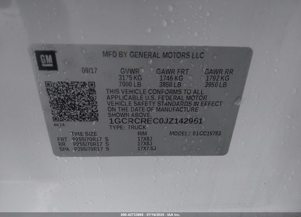 2018 CHEVROLET SILVERADO 1500 VIN: 1GCRCREC0JZ142951