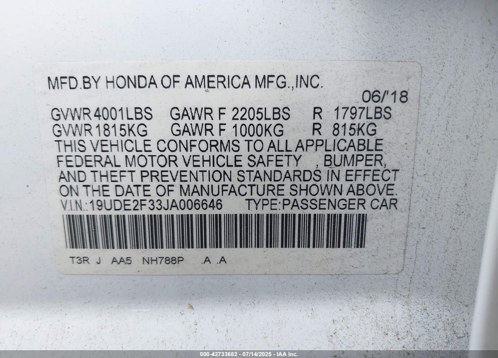 2018 ACURA ILX VIN: 19UDE2F33JA006646