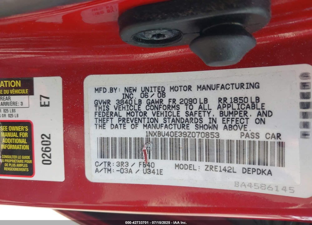 2009 TOYOTA COROLLA VIN: 1NXBU40E39Z070853