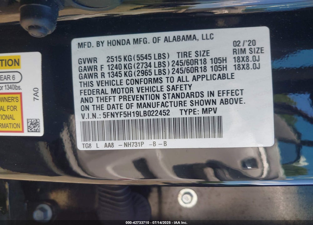 2020 HONDA PILOT VIN: 5FNYF5H19LB022452