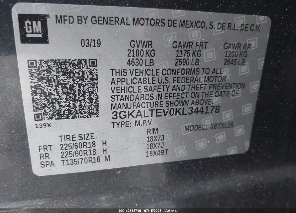 2019 GMC TERRAIN VIN: 3GKALTEV0KL344178