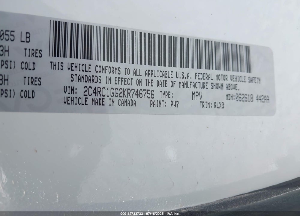 2019 CHRYSLER PACIFICA LIMITED VIN: 2C4RC1GG2KR746756