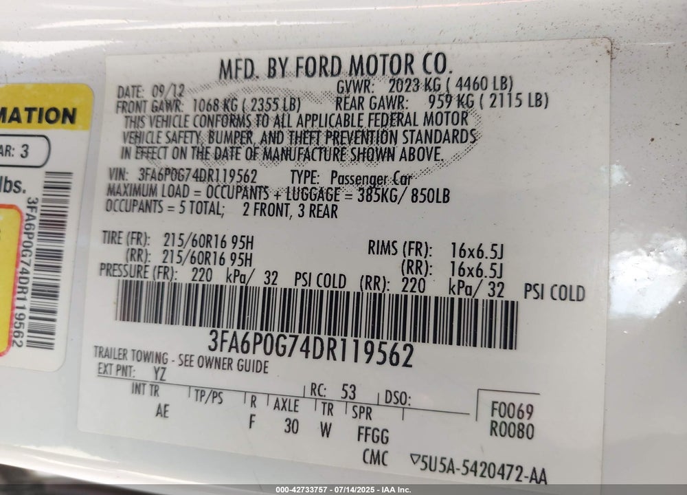 2013 FORD FUSION VIN: 3FA6P0G74DR119562