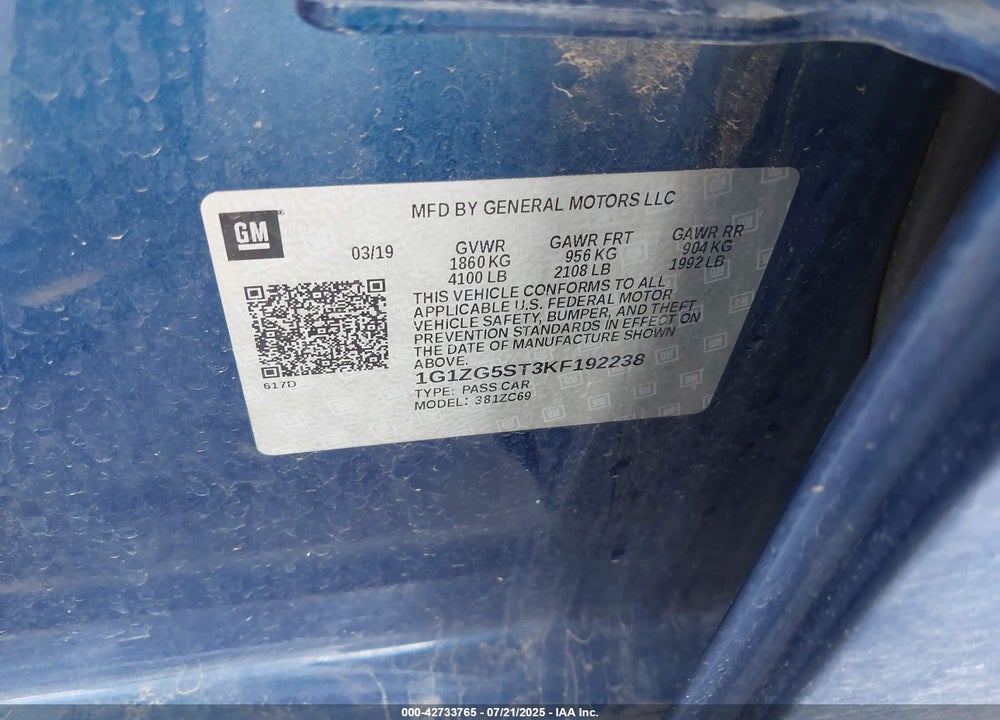 2019 CHEVROLET MALIBU VIN: 1G1ZG5ST3KF192238