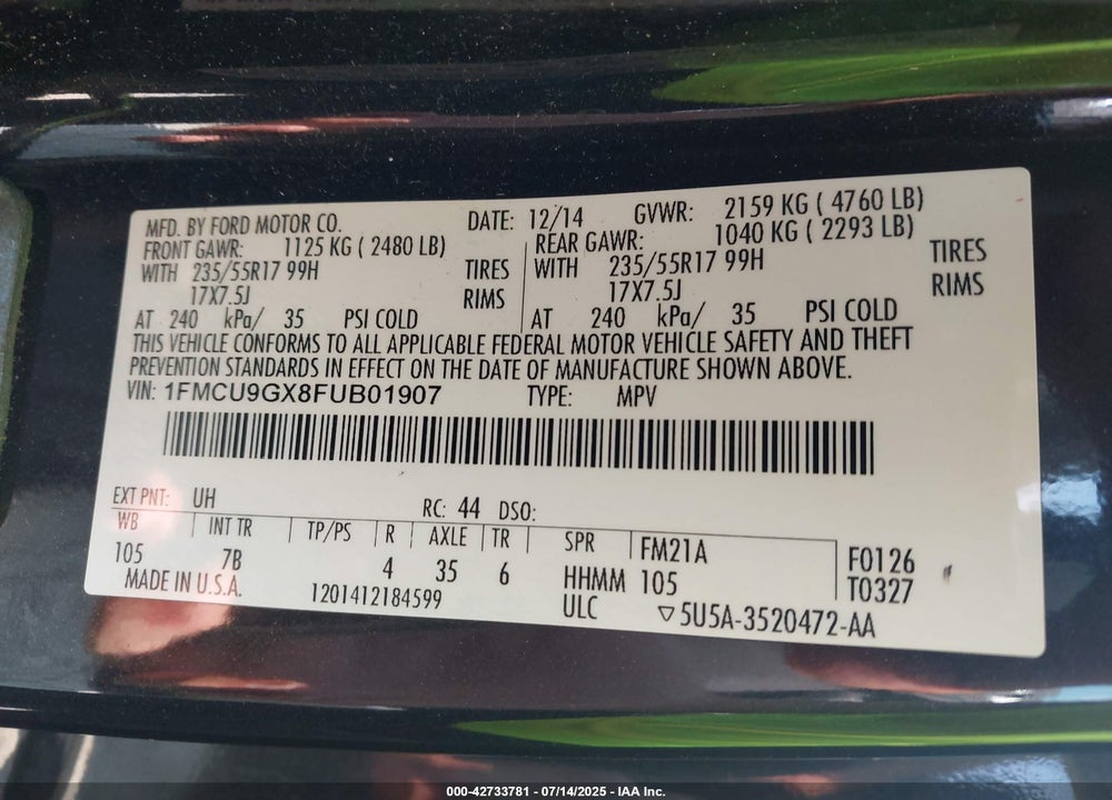 2015 FORD ESCAPE VIN: 1FMCU9GX8FUB01907