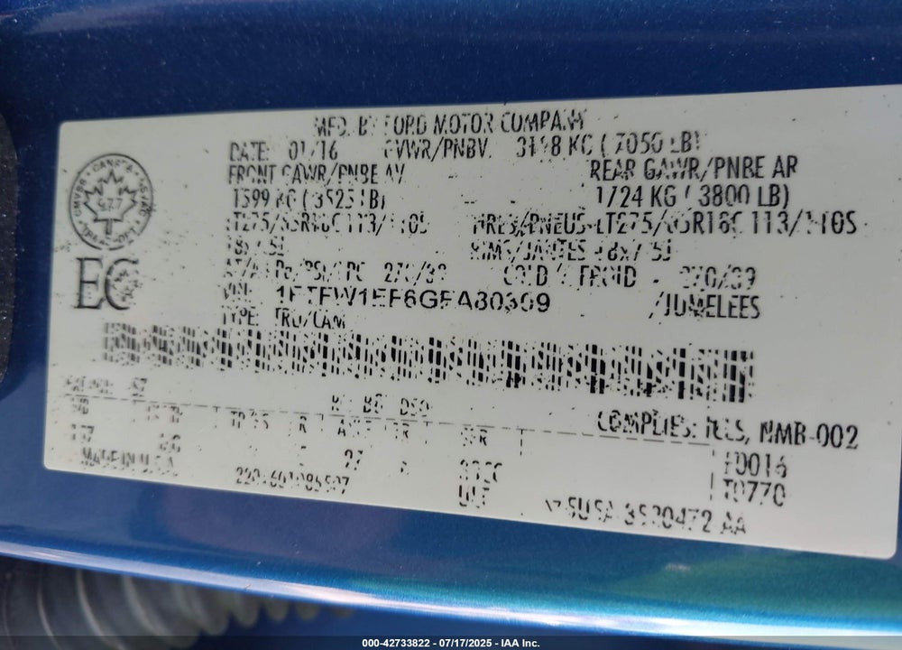 2016 FORD F-150 XLT VIN: 1FTFW1EF6GFA80309