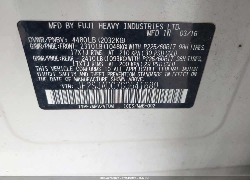 2016 SUBARU FORESTER VIN: JF2SJADC7GG541680