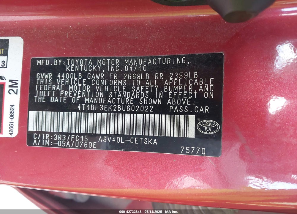 2011 TOYOTA CAMRY VIN: 4T1BF3EK2BU602022