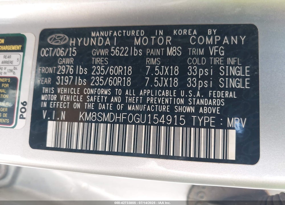 2016 HYUNDAI SANTA FE VIN: KM8SMDHF0GU154915