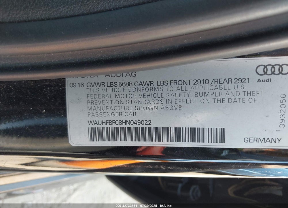 2017 AUDI S6 VIN: WAUHFBFC8HN049022