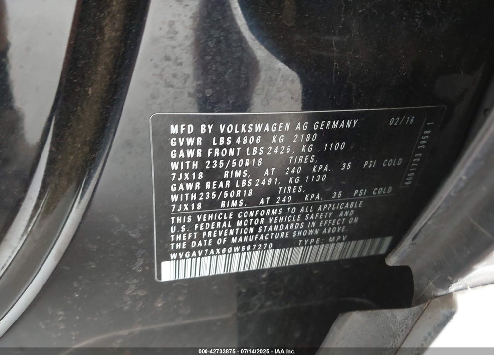 2016 VOLKSWAGEN TIGUAN VIN: WVGAV7AX6GW587270
